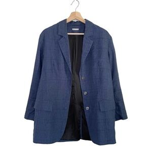 12 Storeez Relaxed Linen Boyfriend Blazer Jacket Blue Glen Plaid Small
